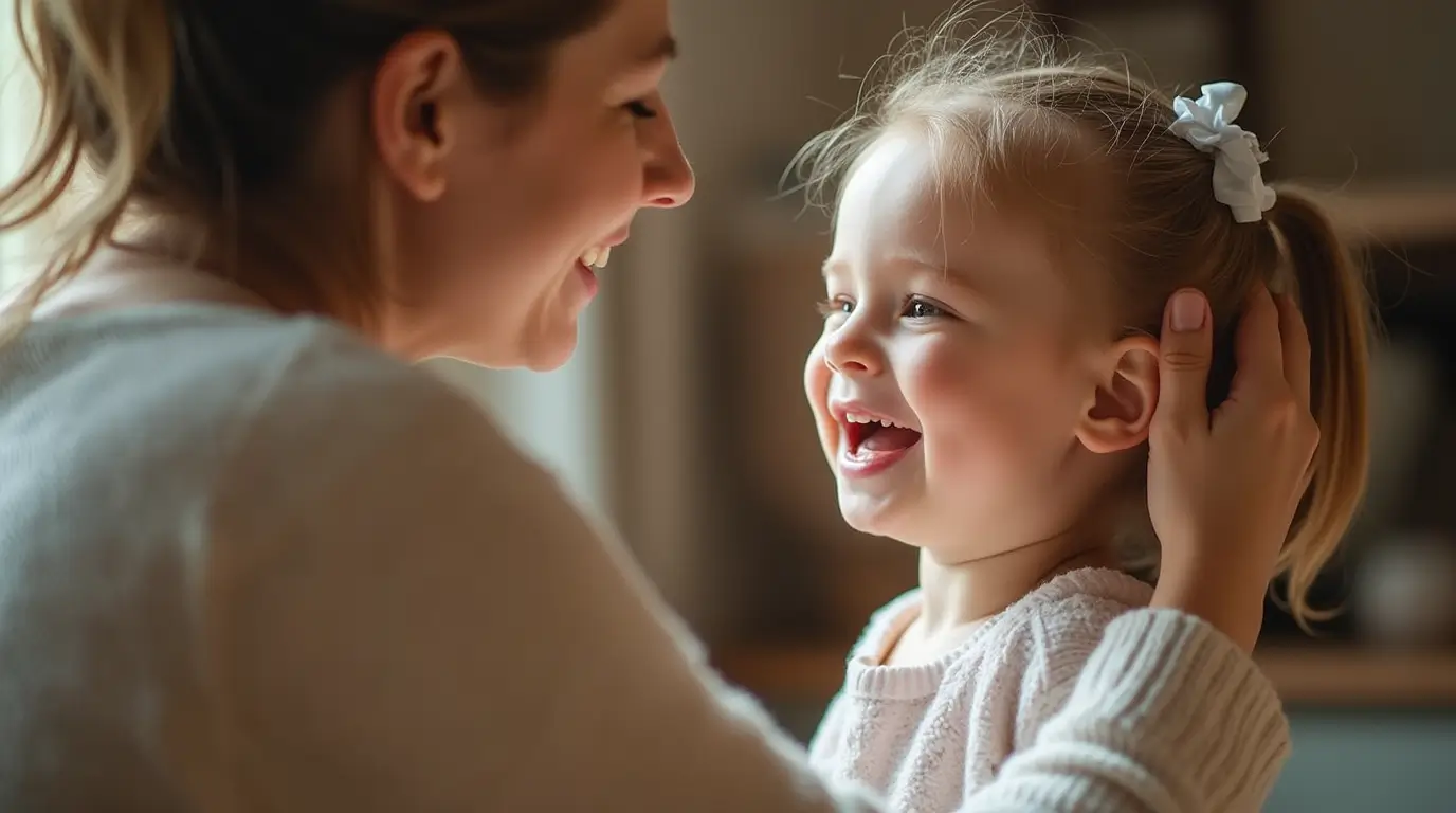 A parent using conscious discipline techniques to guide their child with patience and love in a warm, nurturing home environment.