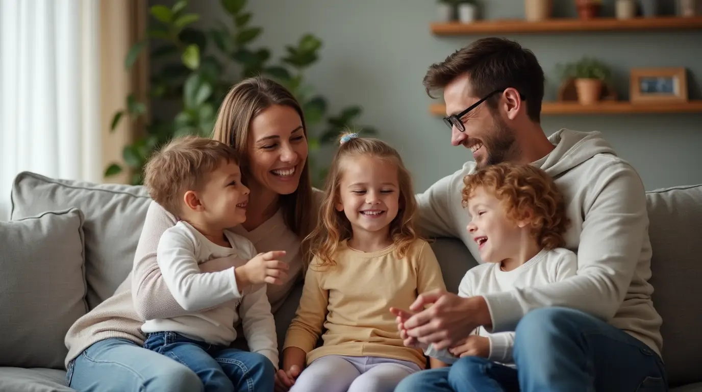 Mom and dad discussing different parenting styles with their two children in a cozy living room.