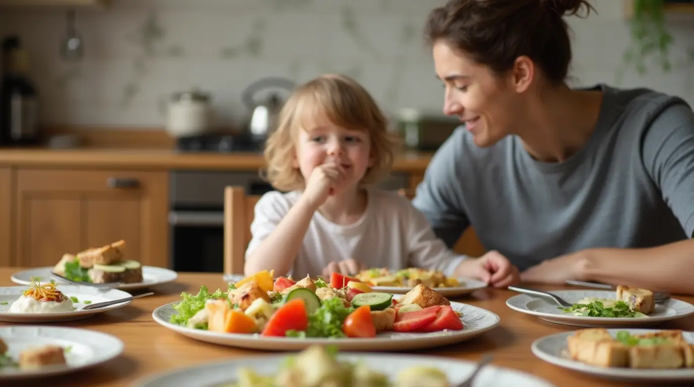 Parent offering a colorful, healthy meal to a picky eater at the dining table.