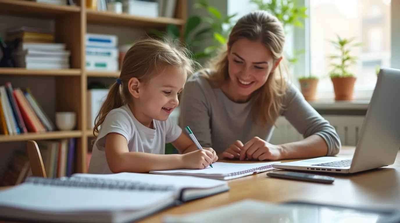 Parent helping child with homework at a study desk, creating a supportive learning environment.