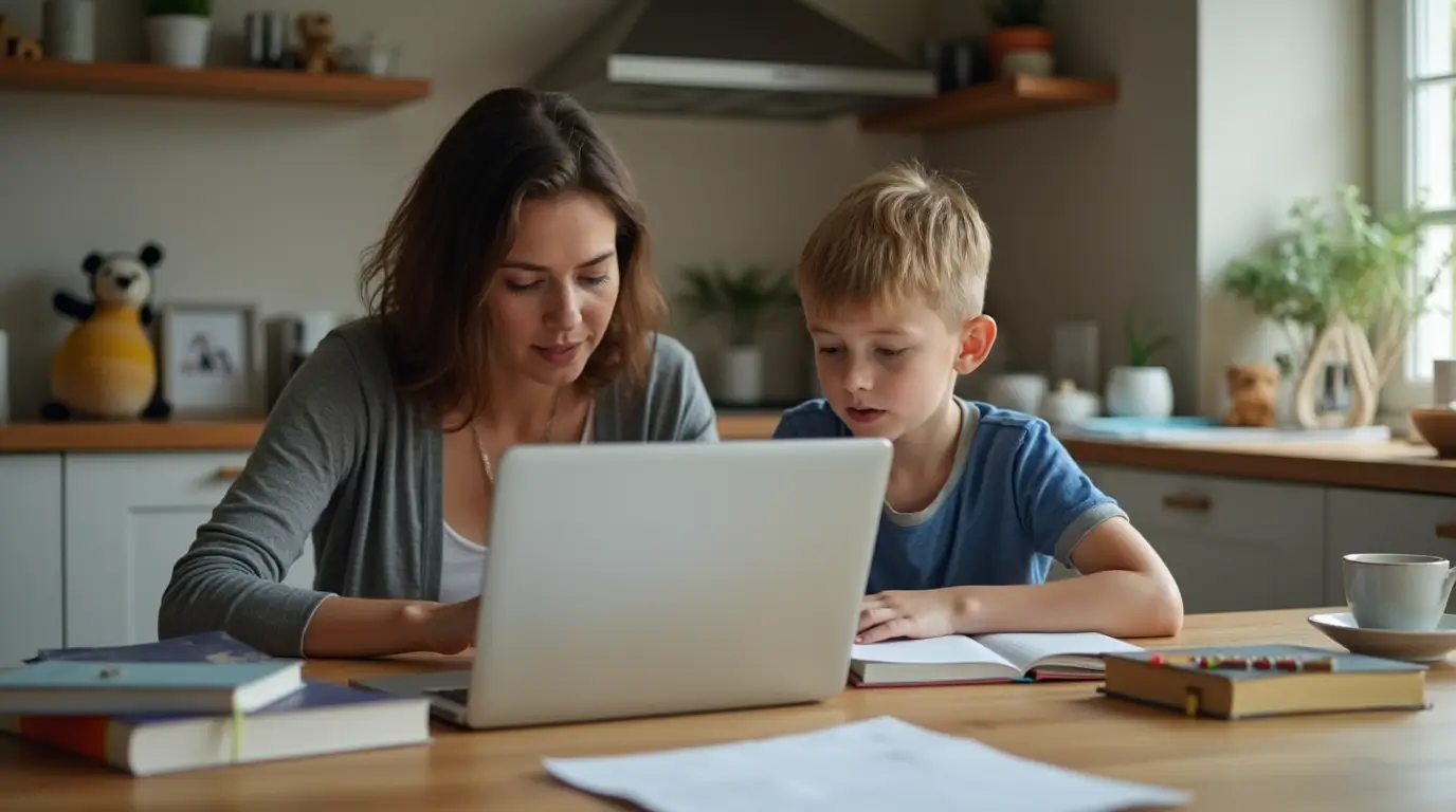 A single parent helping their child with homework while working on a laptop at a kitchen table, showing the strength and balance of single parents.
