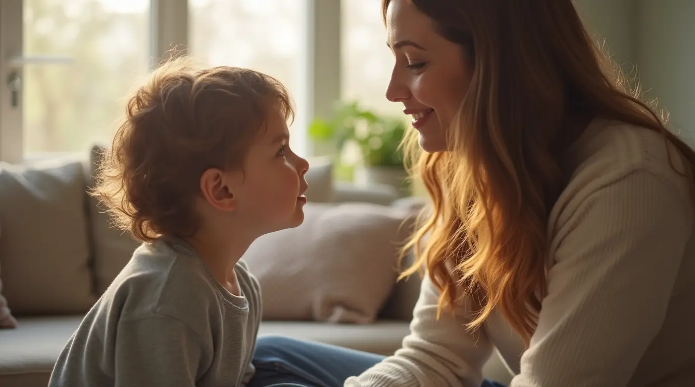 Good Motherhood: Parent practicing mindful listening and emotional support during a meaningful conversation with their child.