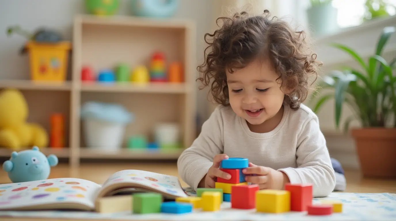 Young child playing with educational toys, surrounded by building blocks, books, and soft toys in a bright, nurturing environment.