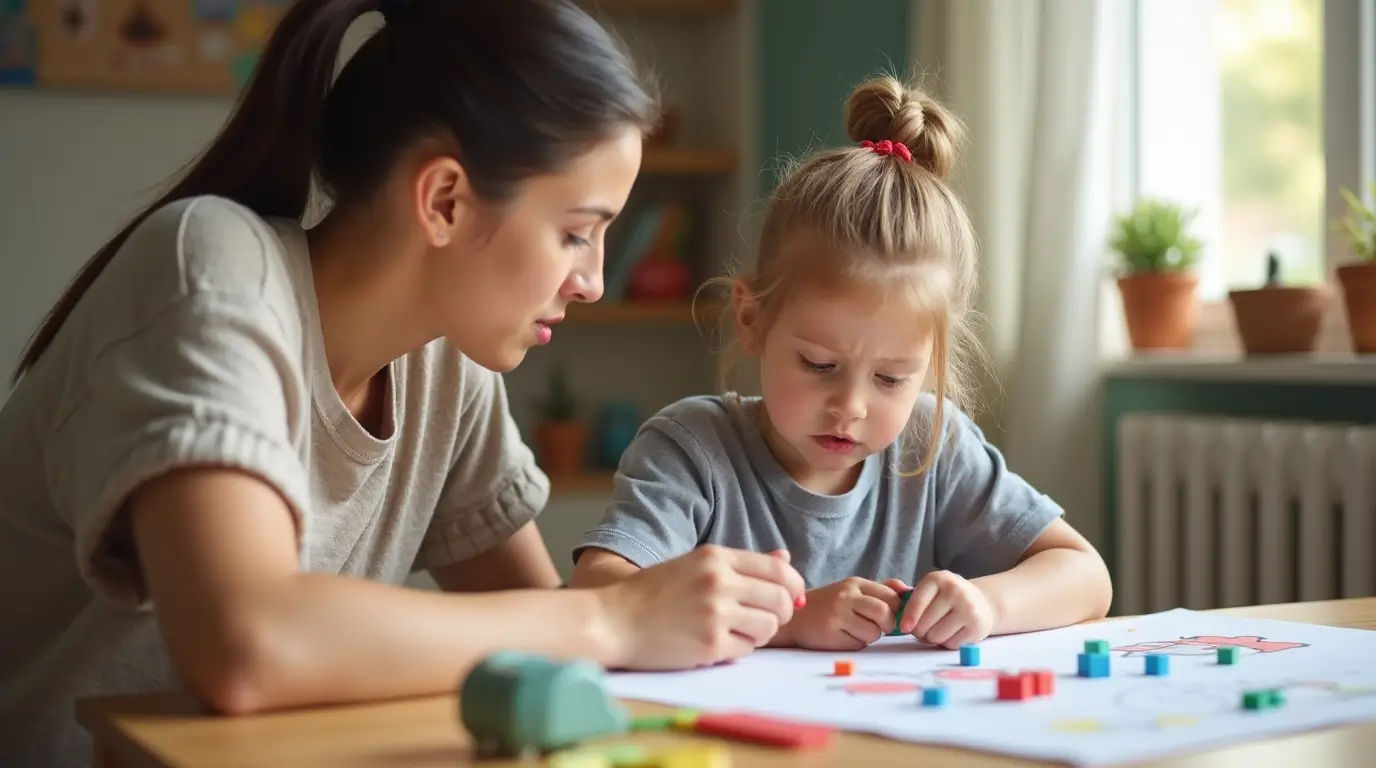 Parent helping child with dyscalculia using math tools in a supportive learning environment.