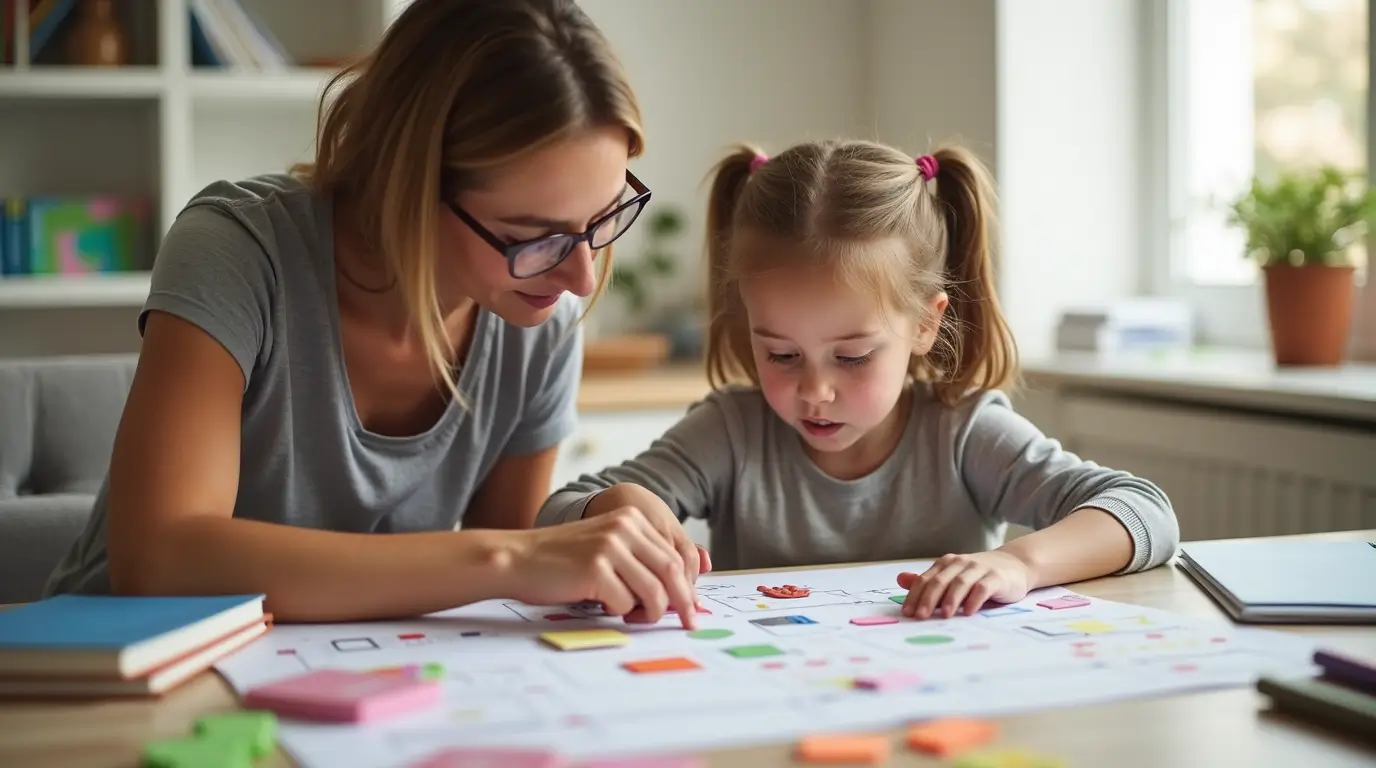 Parent helping child with dyslexia using colorful learning tools in a calm setting.