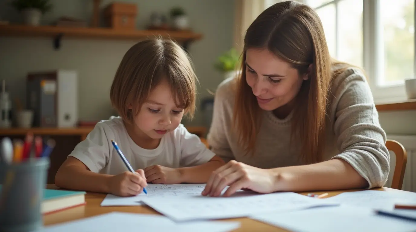 Parent helping child with dysgraphia during a writing task, offering support and encouragement.