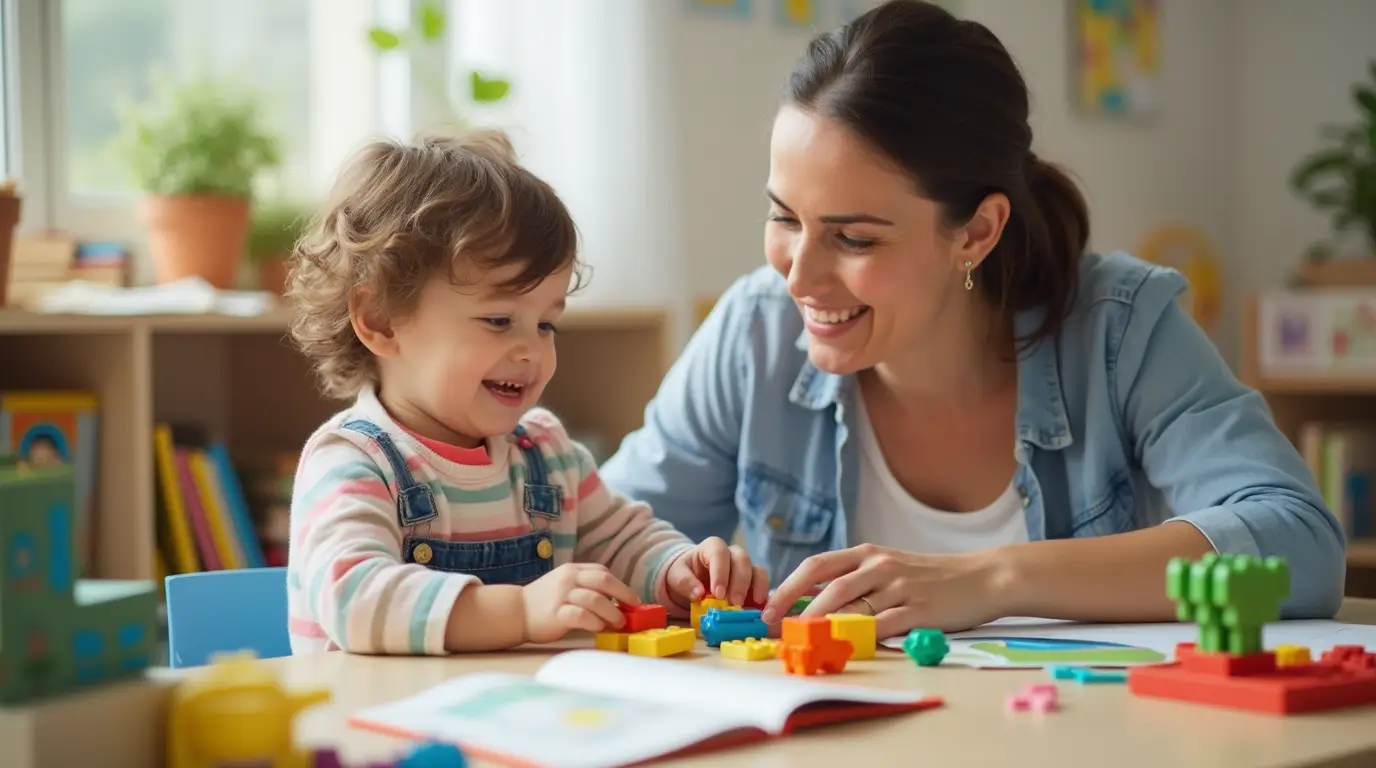 Teacher or parent engaging with a child in an early childhood education activity, using educational tools.