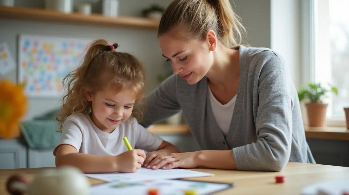 Parent using ADHD-friendly techniques to help child stay focused and complete a task.