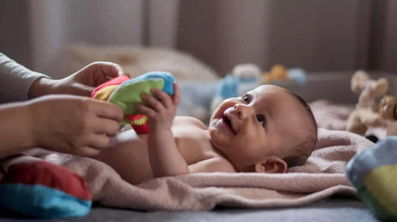 3-month-old baby smiling while interacting with a soft toy, lying on a cozy blanket.