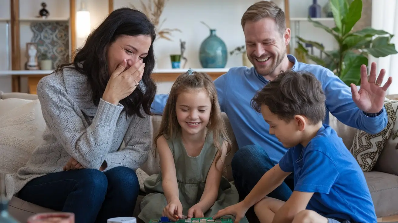 A cheerful family playing a board game together in a cozy living room, sharing laughter and bonding moments.