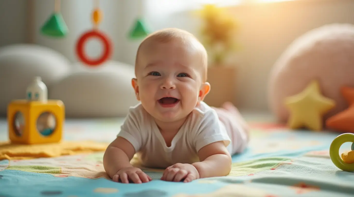 A 2-month-old baby smiling while lying on a soft tummy time mat surrounded by colorful toys, including a rattle, soft blocks, and a baby-safe teething ring.