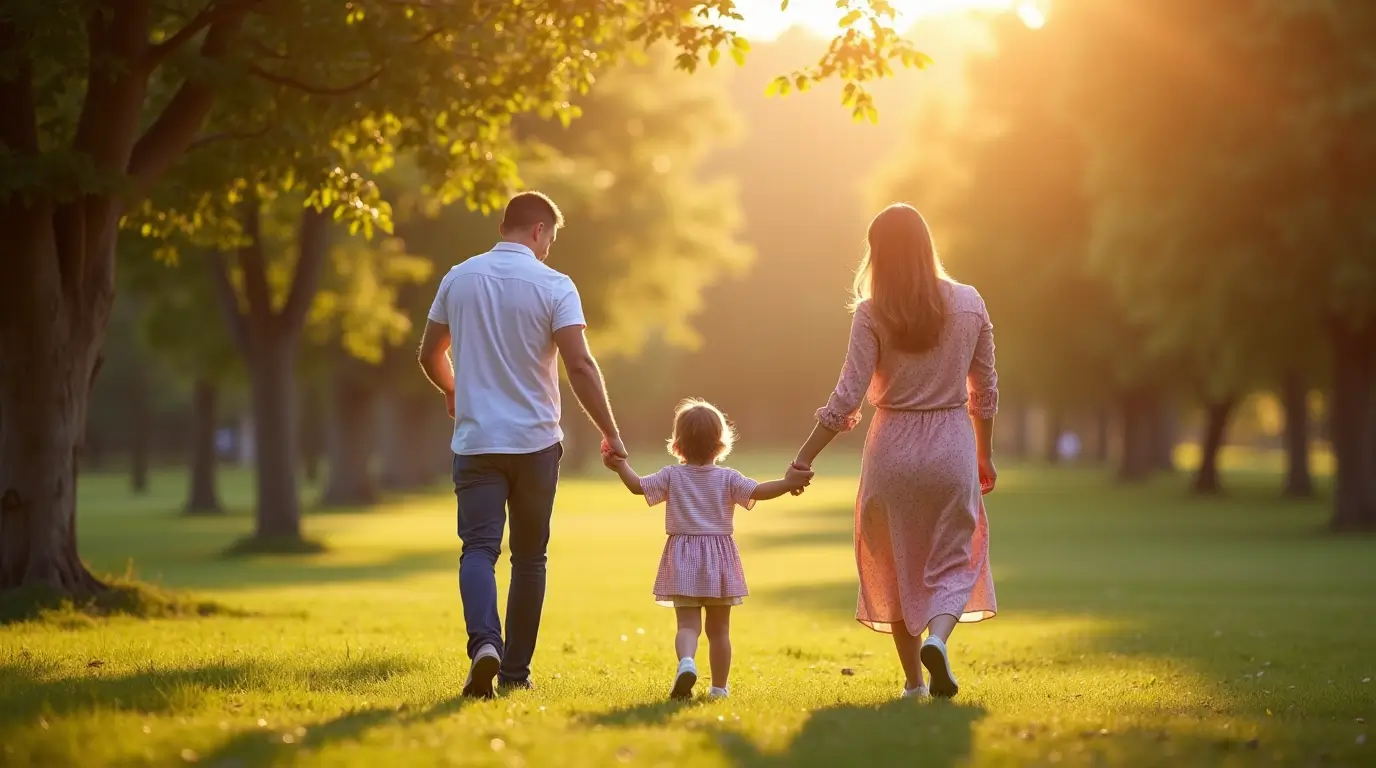Parent and Child Walking Together in the Park parents and child walking hand in hand through a peaceful park, surrounded by trees and nature, symbolizing trust and connection.