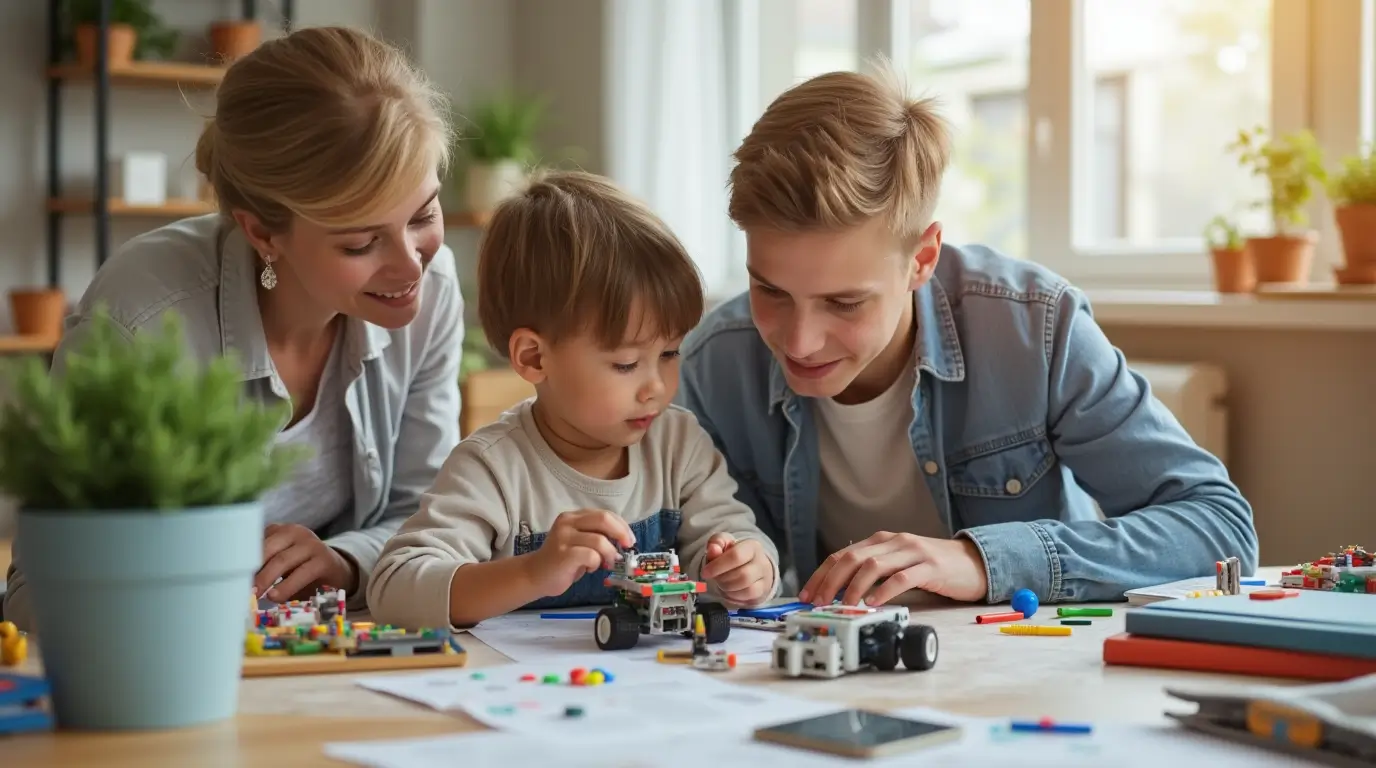 Parent and child collaborating on a STEM project, such as building a robot or conducting a science experiment in a bright, modern learning space.