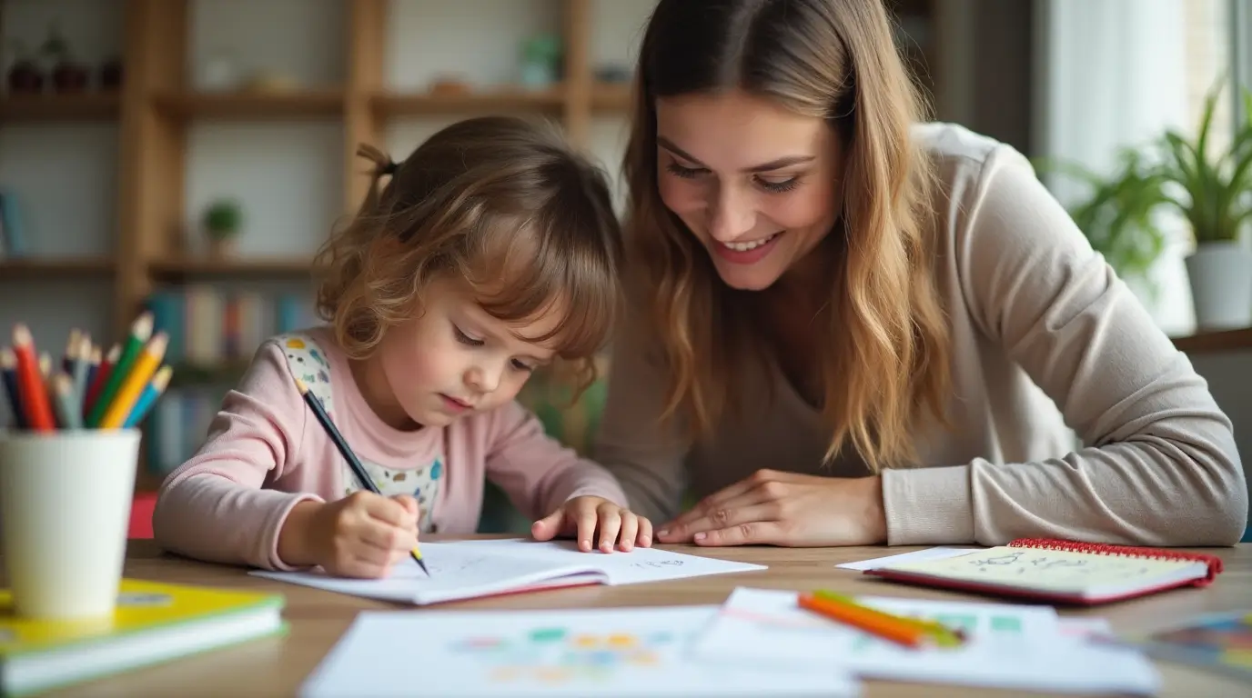 Parent helping their child practice handwriting at a desk with educational materials, providing guidance and encouragement.