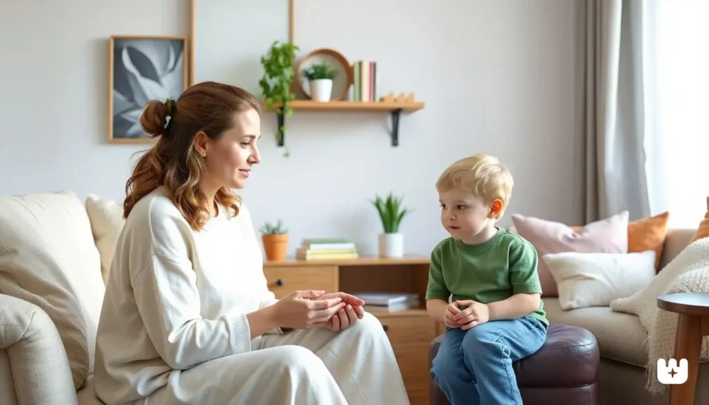 Mindful parent engaging warmly with their child in a peaceful home setting, promoting connection, emotional growth, and parenting potential.