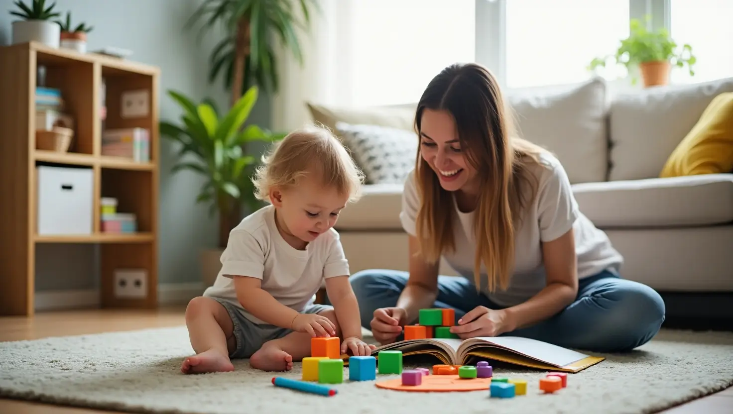 Parent and child engaging in educational activities at home, with building blocks, books, and learning toys