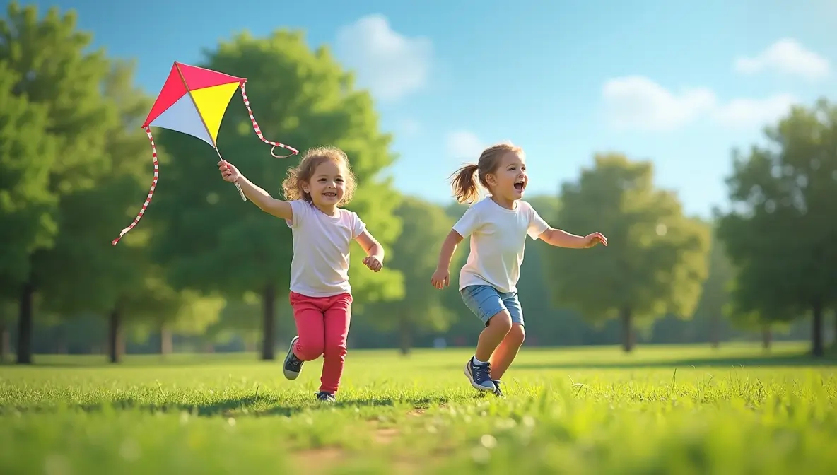 Two children playing outside in a park, one flying a colorful kite and the other jumping in a hopscotch game, enjoying creative playtime fun.