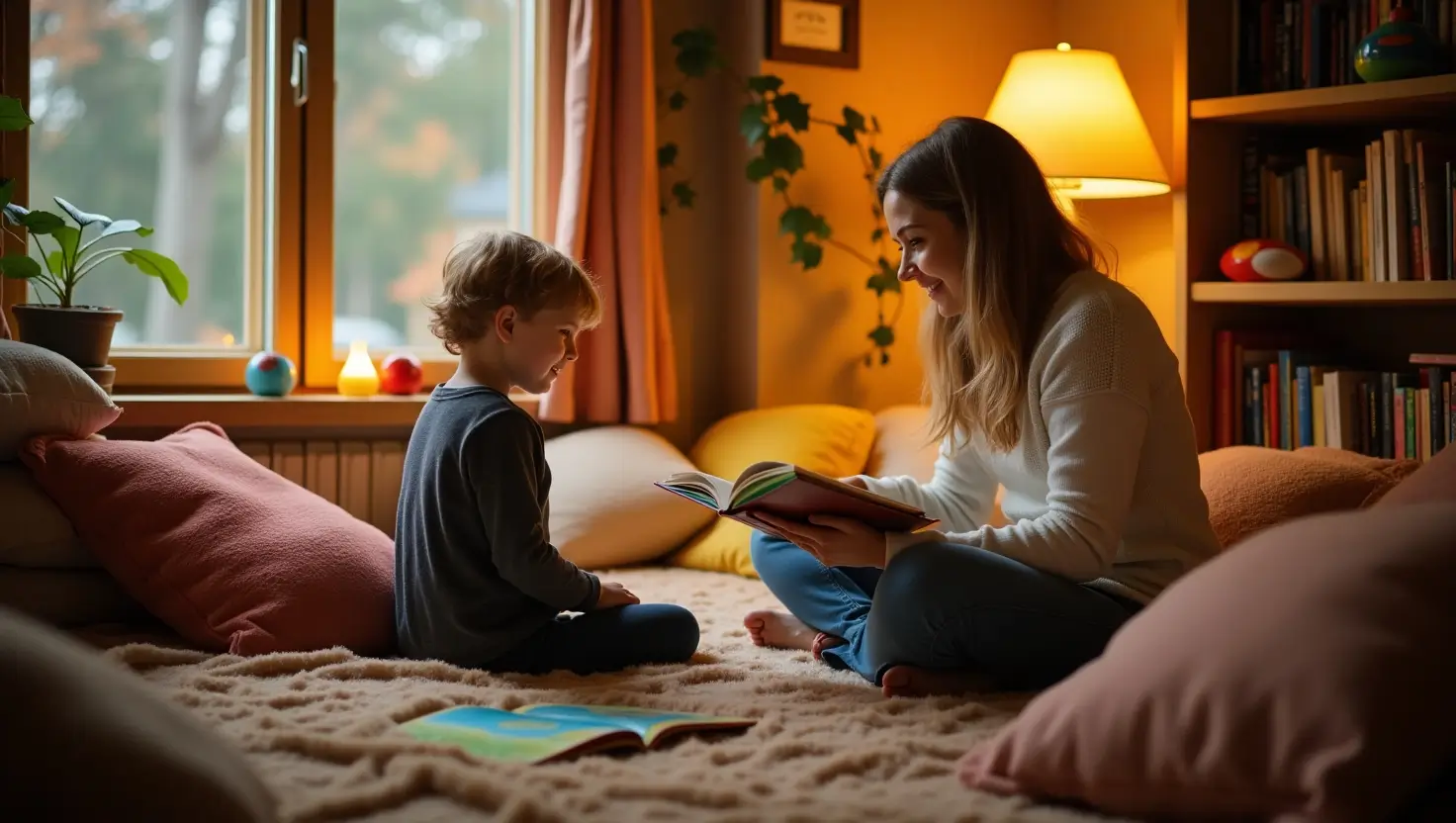 Cozy story time nook with a parent reading to a child, surrounded by cushions, blankets, and colorful books.