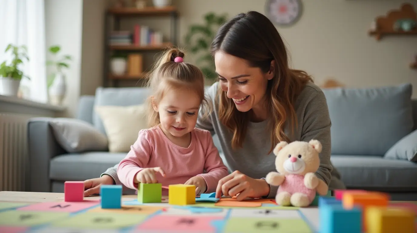 A parent and child playing together with educational toys, promoting early childhood care and learning.