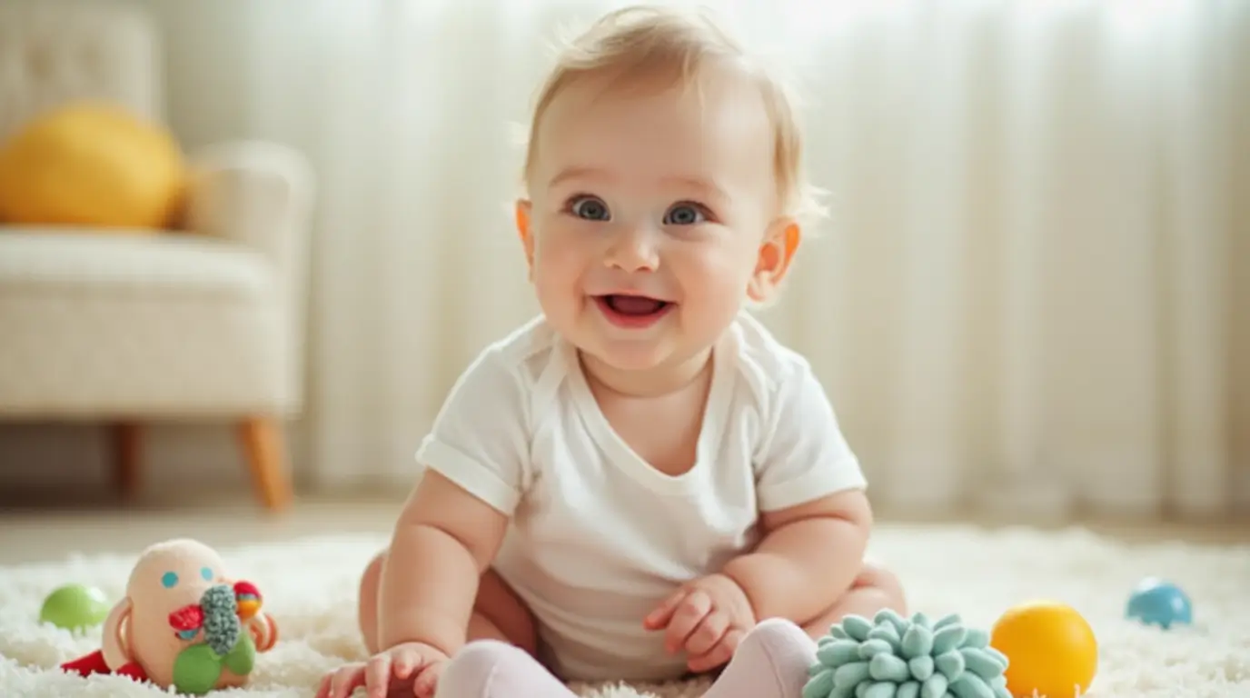 A 6-month-old baby sits on a soft play mat, smiling and reaching for colorful sensory toys