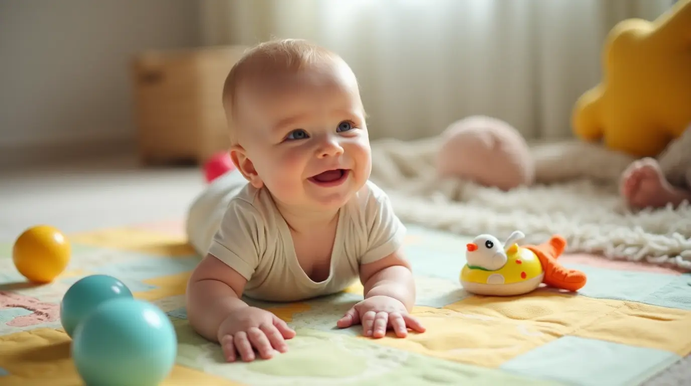 A 4-month-old baby smiling during tummy time with colorful toys nearby, promoting physical and sensory development.
