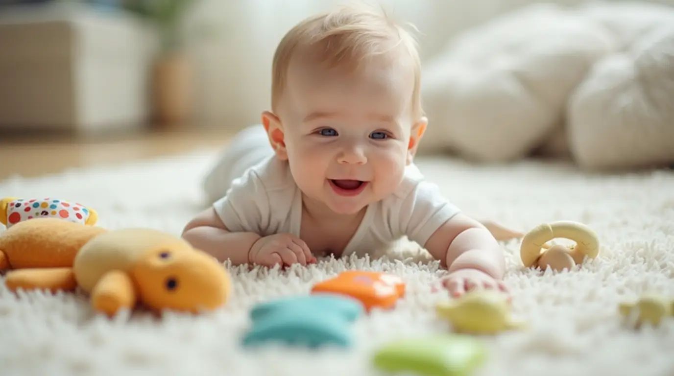 5-month-old baby during tummy time, smiling and reaching for toys, showcasing motor skills and hand-eye coordination.