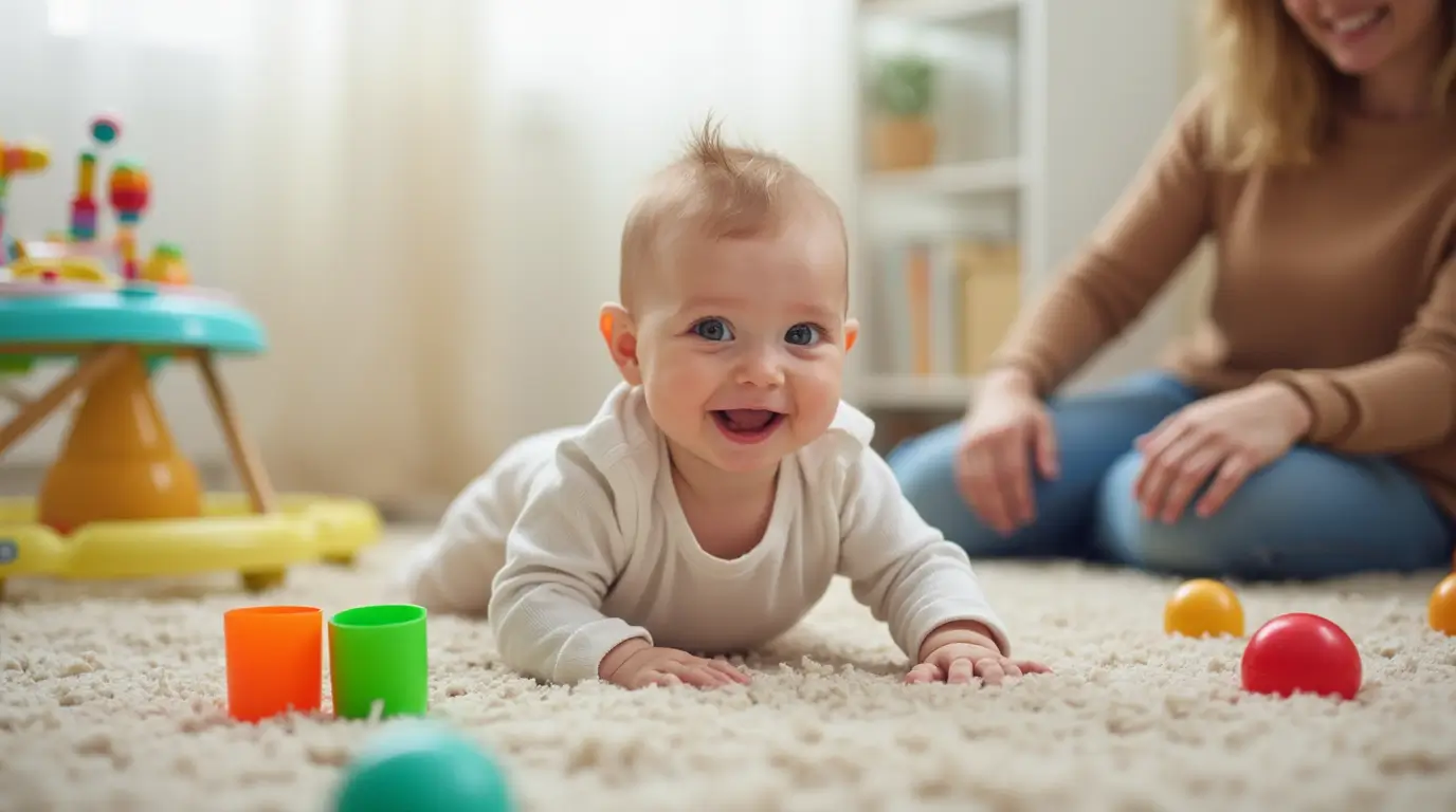 9-month-old baby exploring developmental toys like an activity walker, sensory balls, and stacking cups with a parent nearby