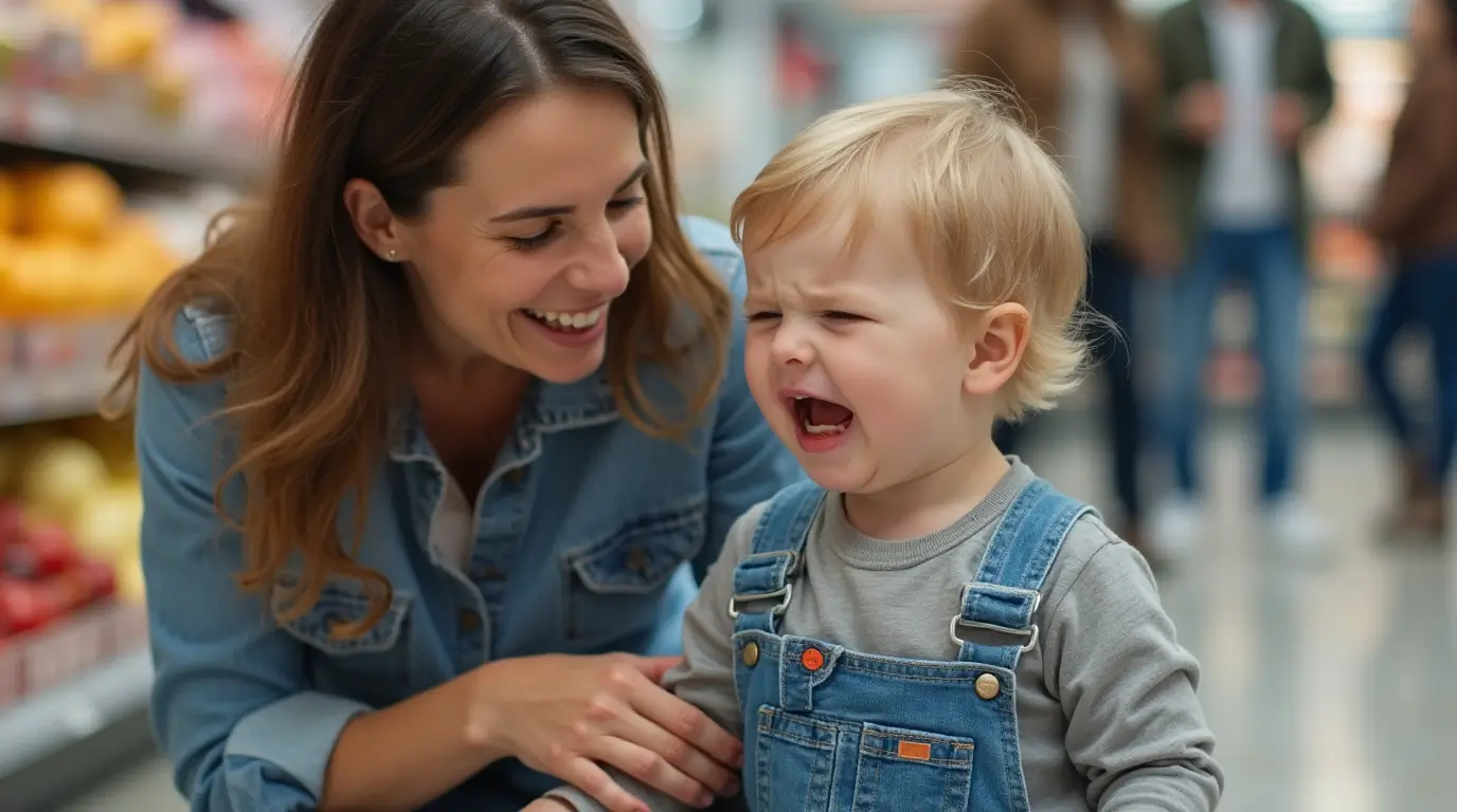 A calm mother kneeling beside her child during a mild temper tantrum in a busy public place, offering reassurance with a composed expression.