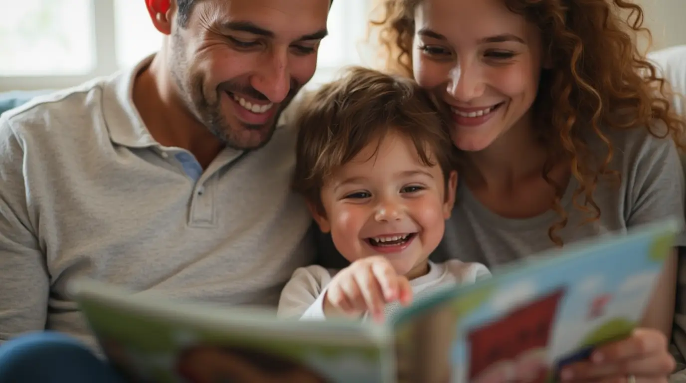 Parent and child sitting on a couch, reading a book together, practicing powerful strategies for reading to help your child excel.