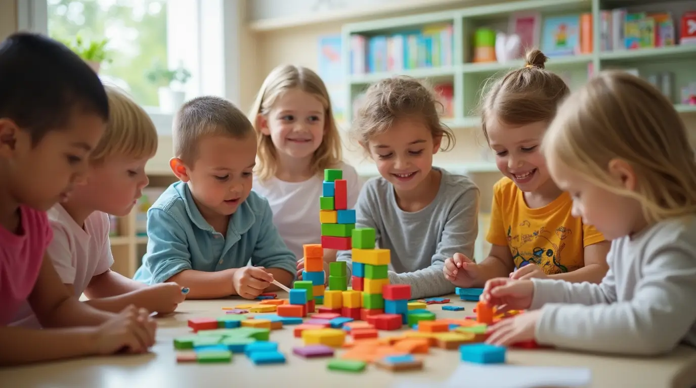 Children engaged in play-based childhood education activities, using magnetic tiles, books, and art supplies in a vibrant playroom.