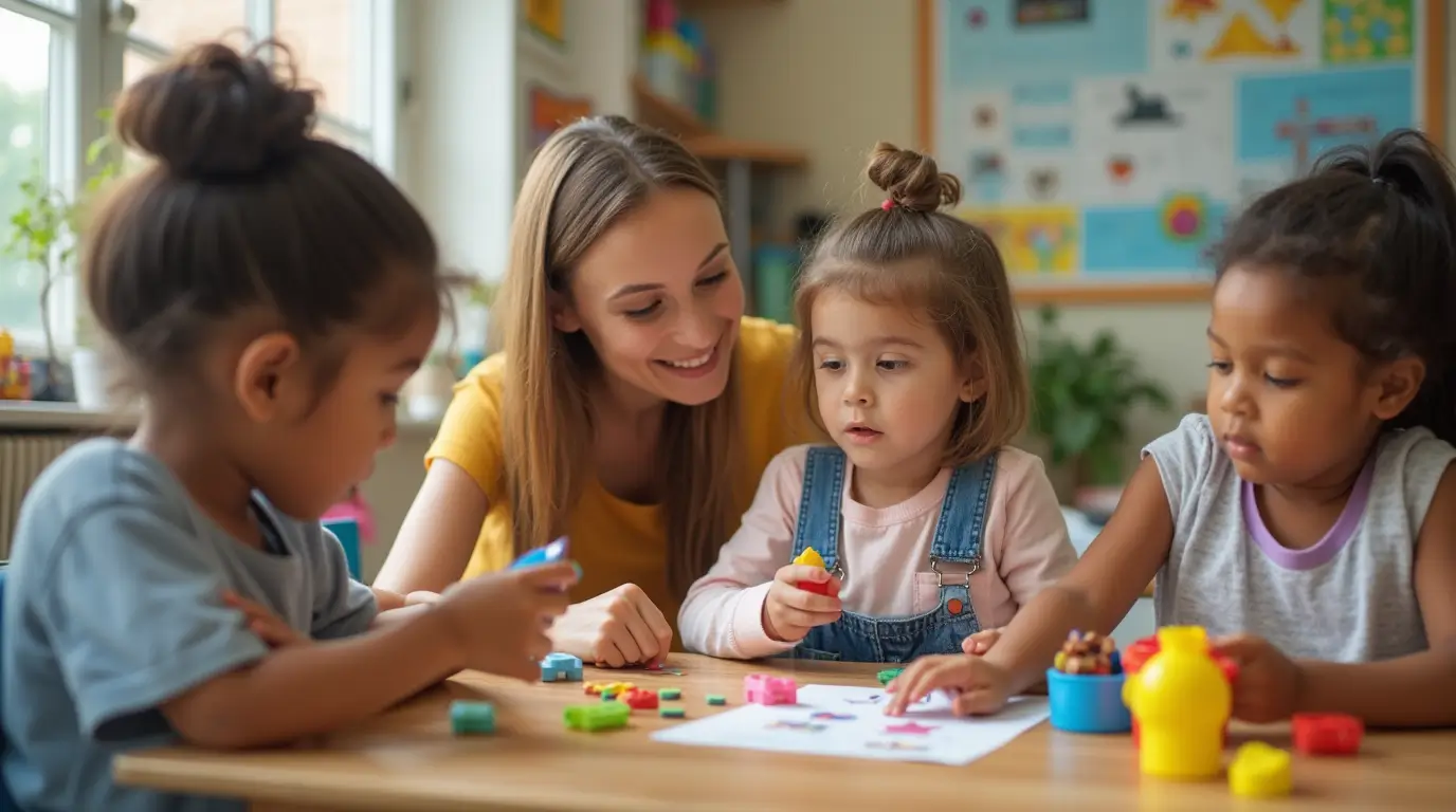 Children in an early childhood special education classroom, engaged in learning activities with a speech therapist, supporting speech development.