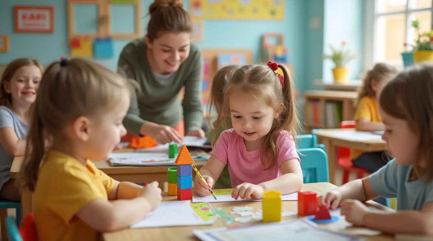 Pre kindergarten classroom with young children engaged in learning activities like reading, building blocks, and drawing.