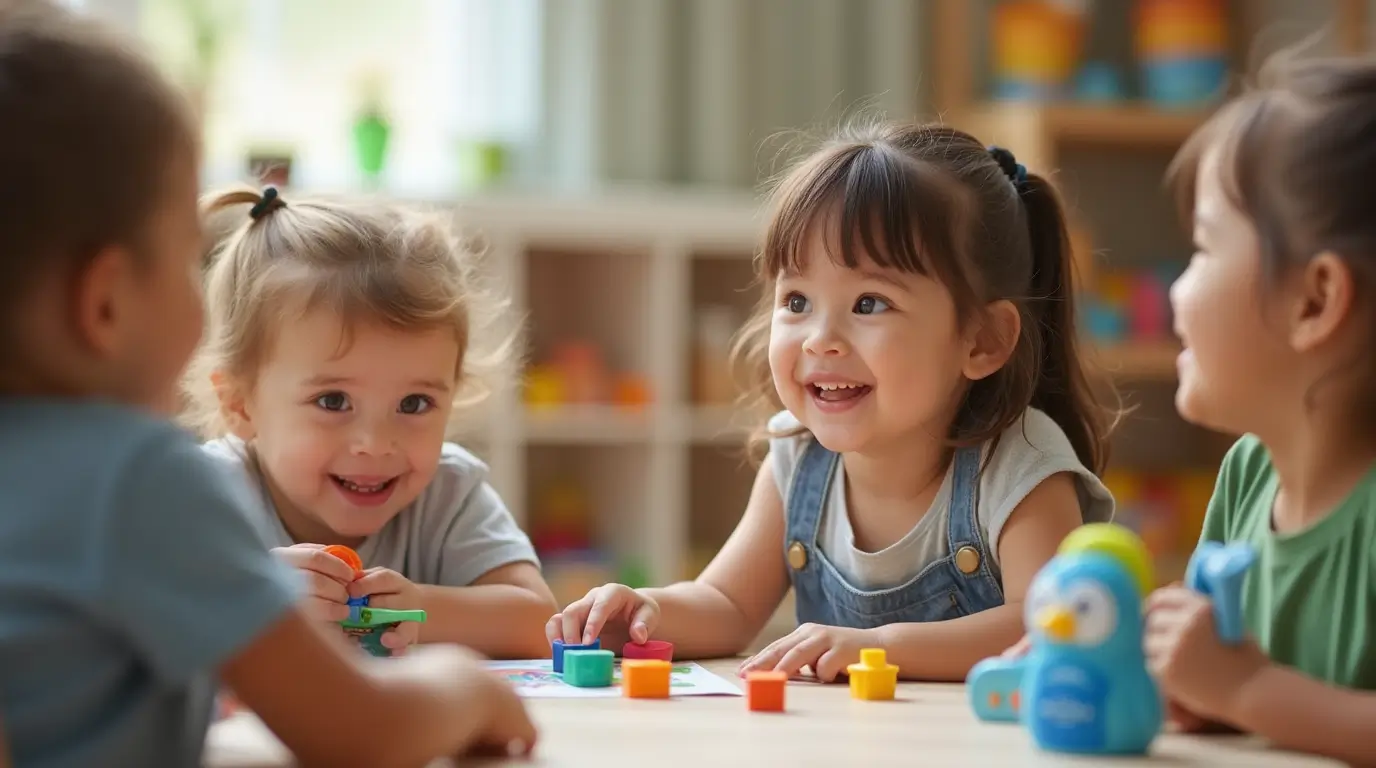 Child care provider interacting with children in a safe and nurturing daycare environment, helping parents find trusted child care.