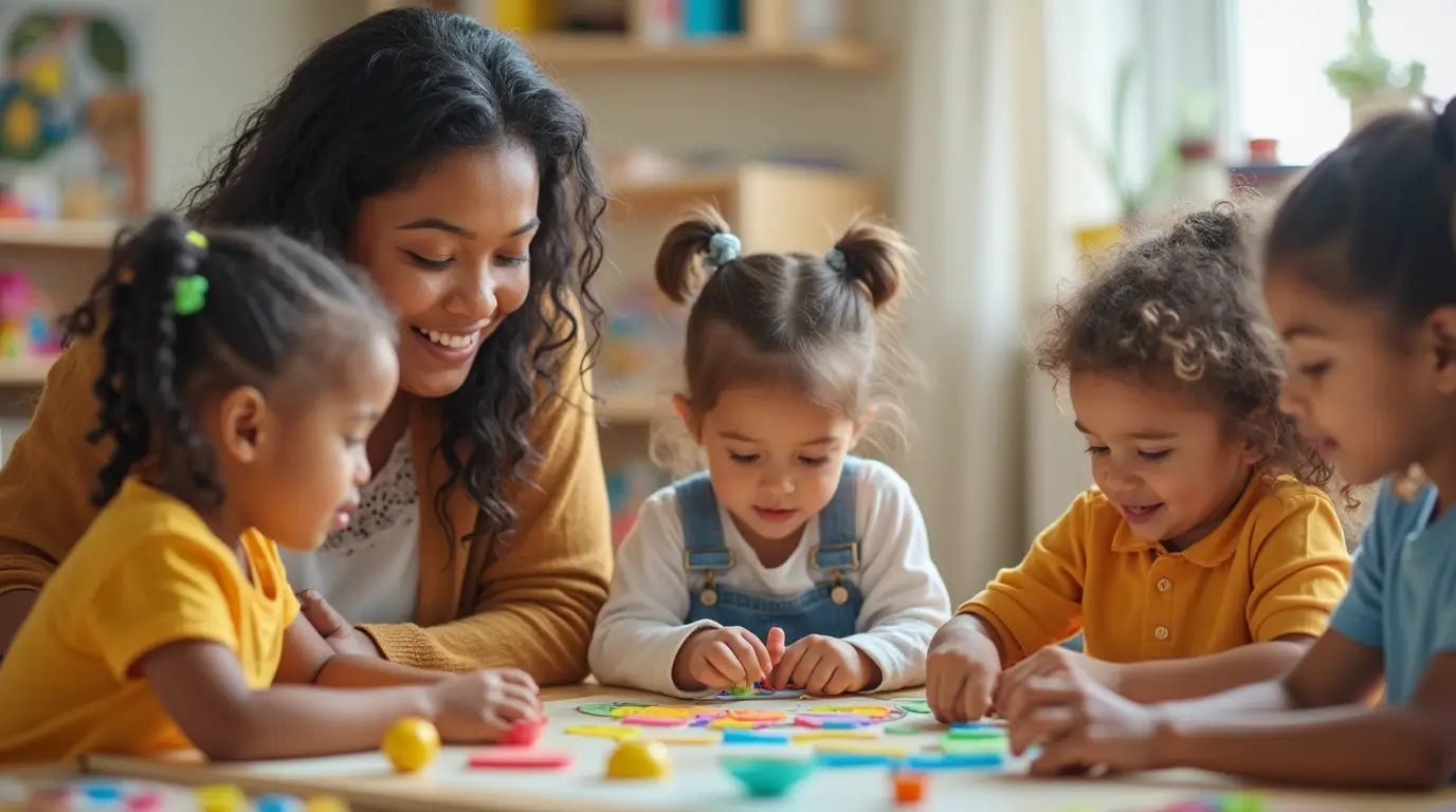 Children engaged in hands-on learning activities in a colorful, Montessori-style early childhood education classroom.