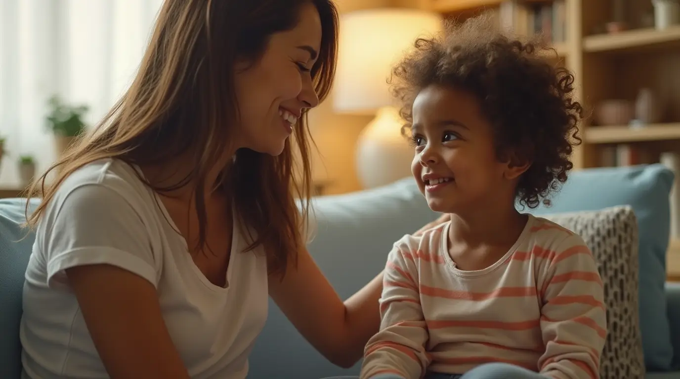 Mother and child having an empathetic conversation, representing positive parenting and overcoming authoritarian parenting.
