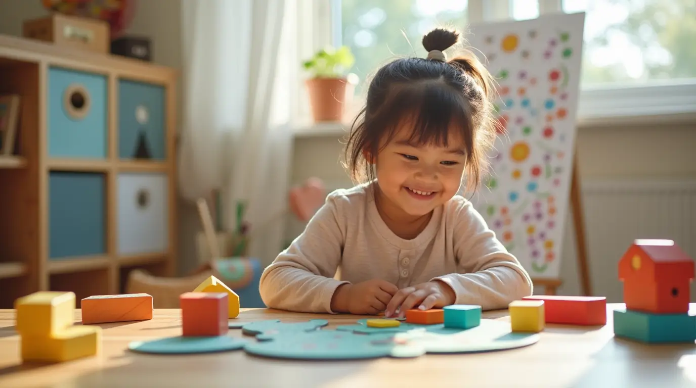 Child engaged in creative play with educational toys like alphabet puzzles, wooden blocks, and art supplies, promoting early childhood development.