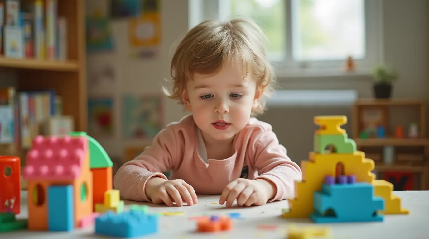 Child exploring educational toys like building blocks and puzzles in a cozy home learning environment, promoting childhood education at home.