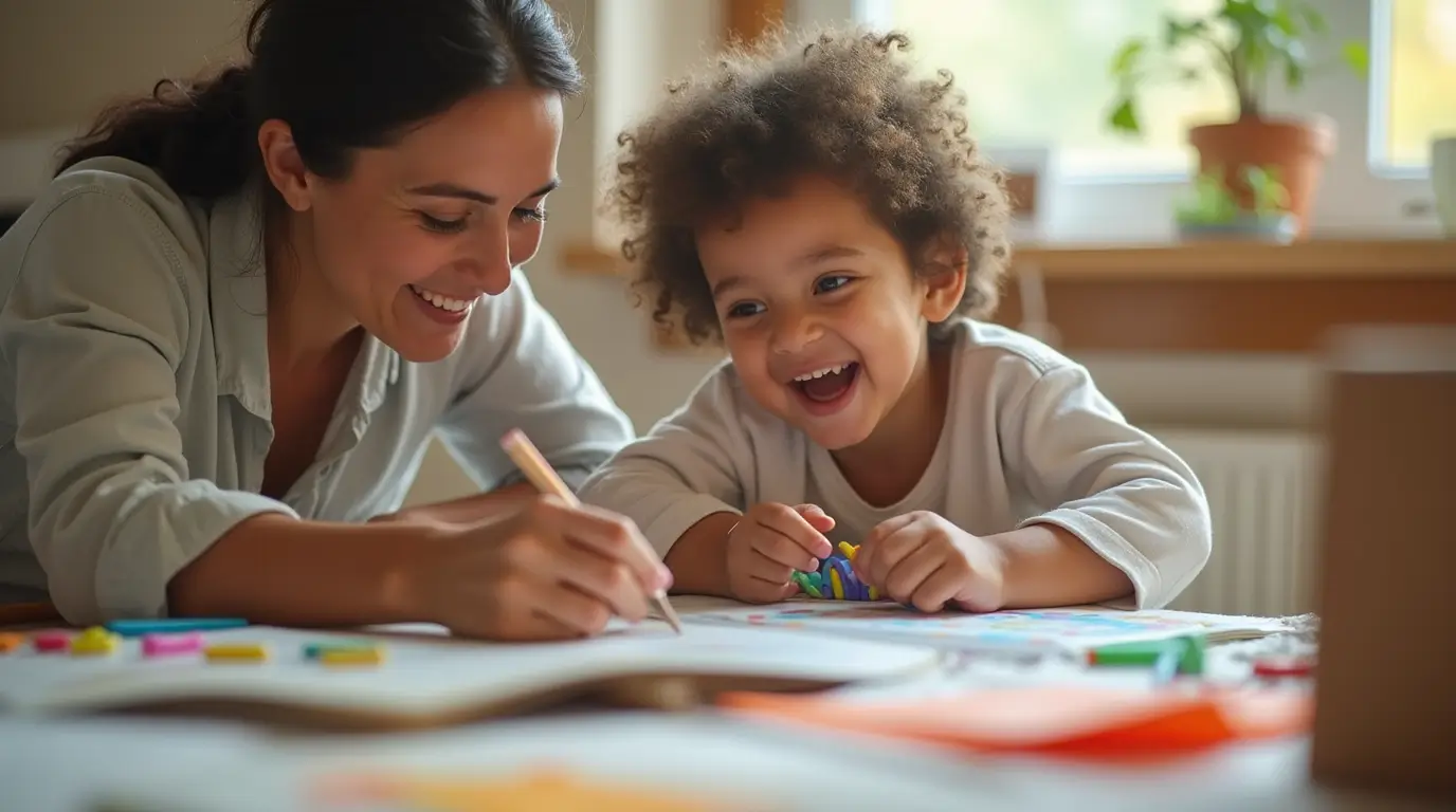 A mom teacher showing patience and efficiency while teaching her child at home.