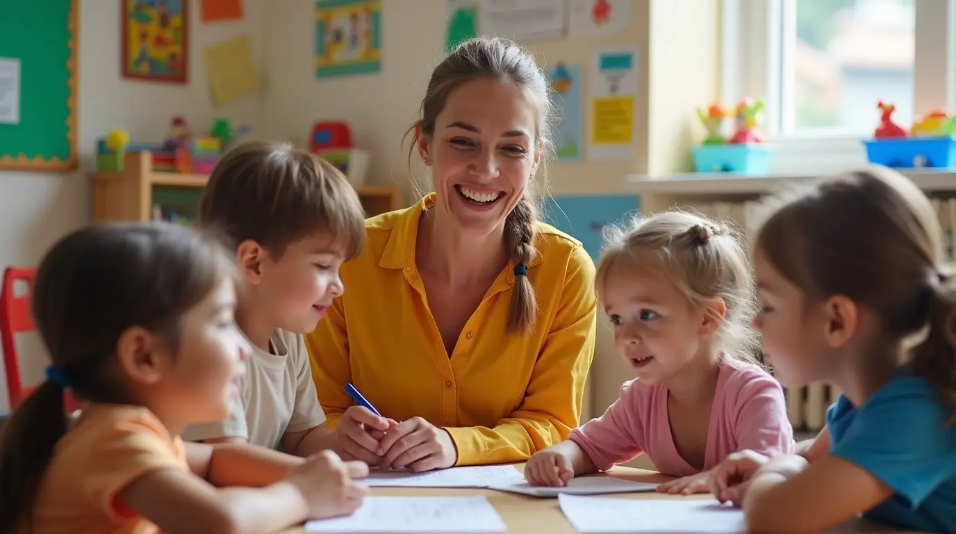 Transitional Kindergarten classroom with children engaged in learning activities, emphasizing early education.