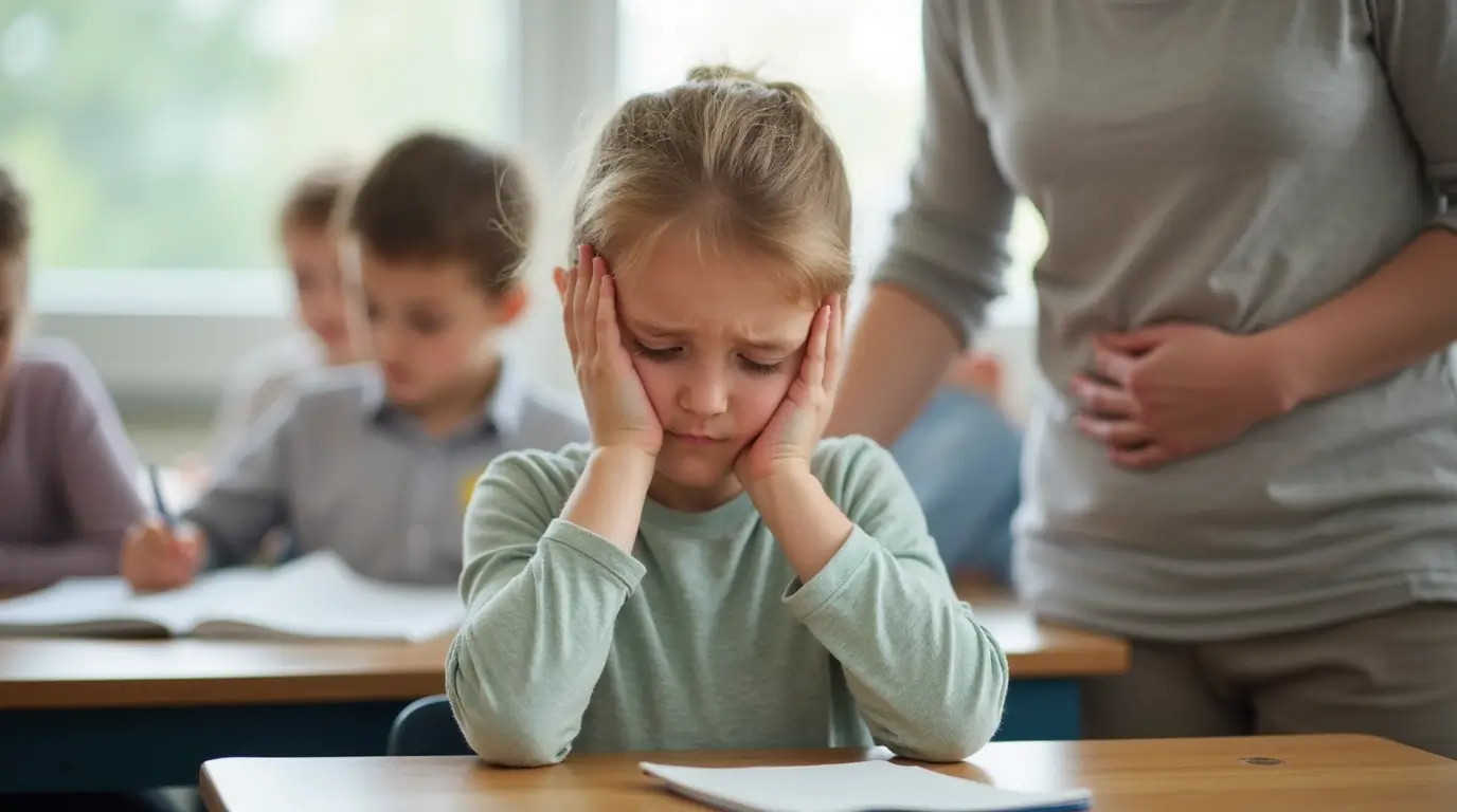 Child experiencing school phobia, showing signs of anxiety such as holding their stomach and avoiding eye contact in a classroom setting.