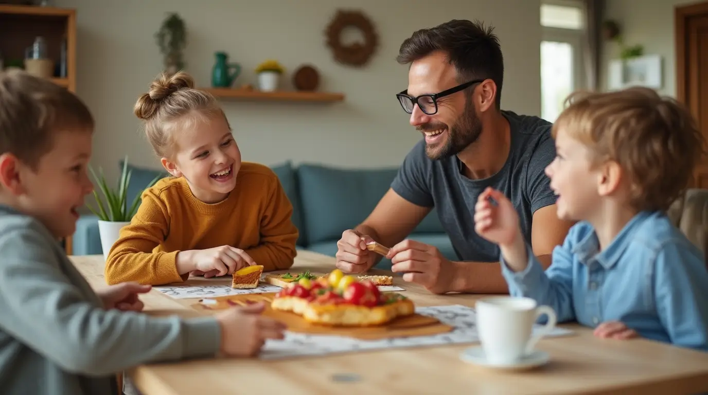 A happy family bonding together at home, creating a stronger childhood and family dynamic through quality time and communication.