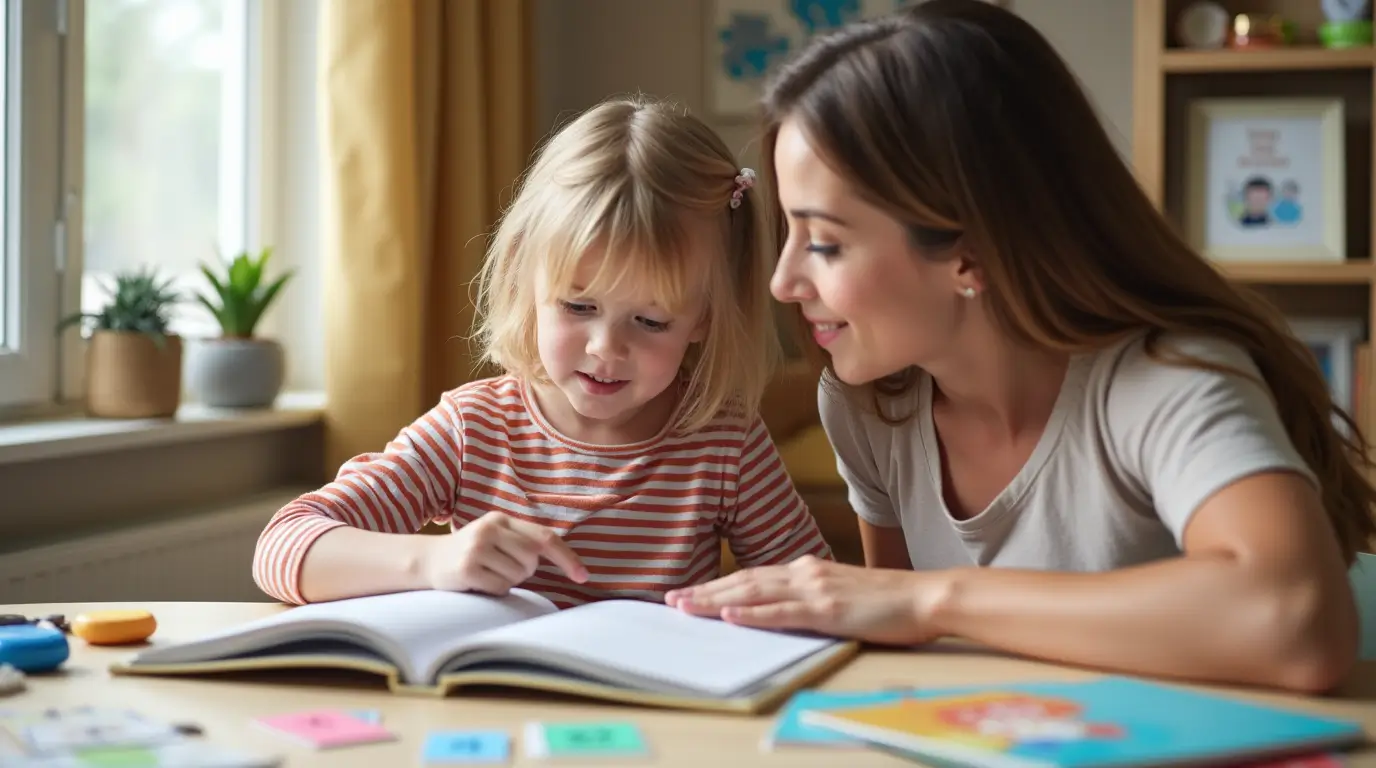 Parent and child reading together at a table, helping with reading difficulties.