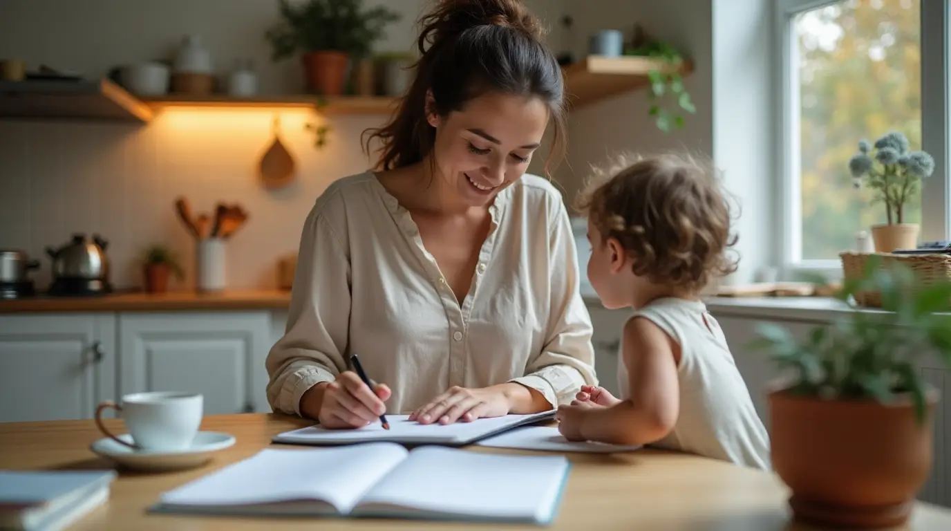 Single parent success: A mom organizing her day with a planner while her child plays nearby, balancing work and parenting.