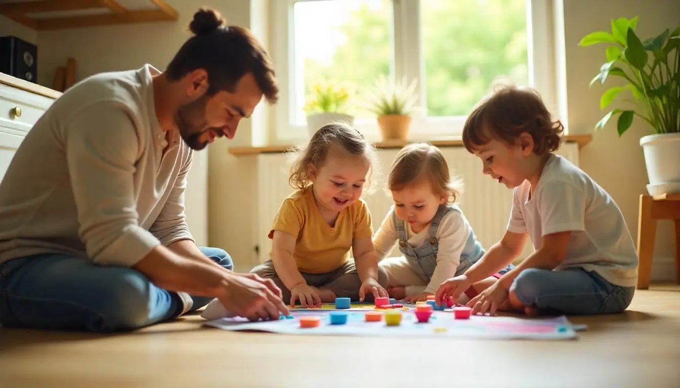 Children and parents enjoying various learning activities at home, including board games, puzzles, cooking, and outdoor art projects.