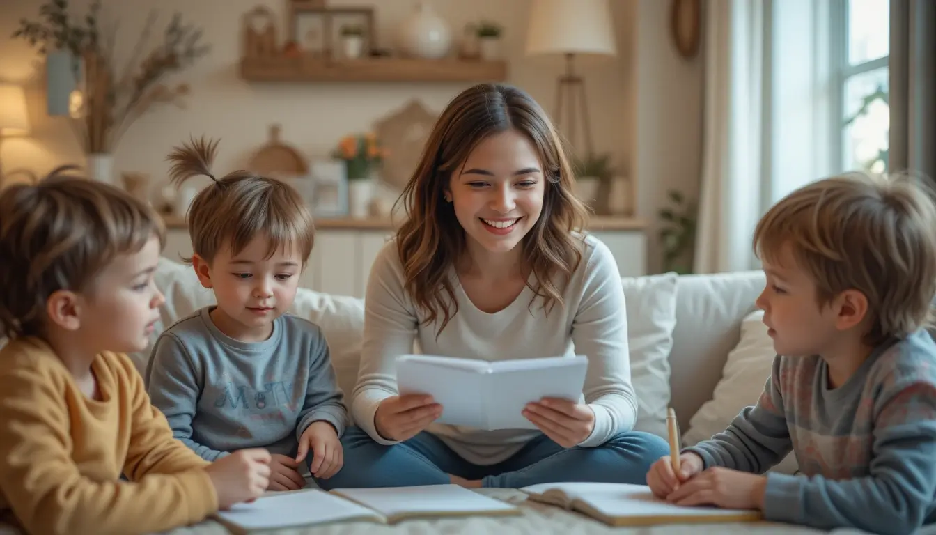 Ultimate Parenting Guide: A mother guiding her toddler, pre-teen, and teenager through different stages of life with love and support.