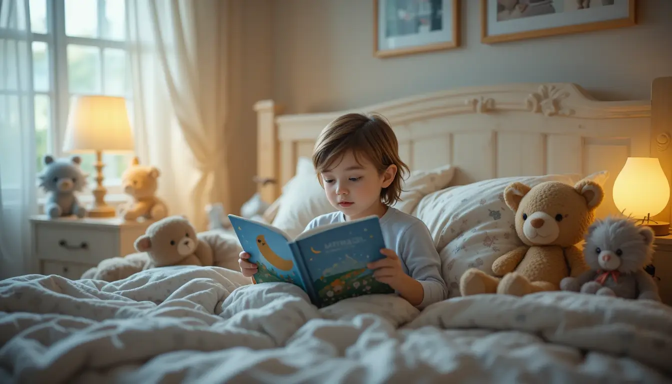 Nighttime routine for kids with bedtime storybook, nightlight, and plush animals.