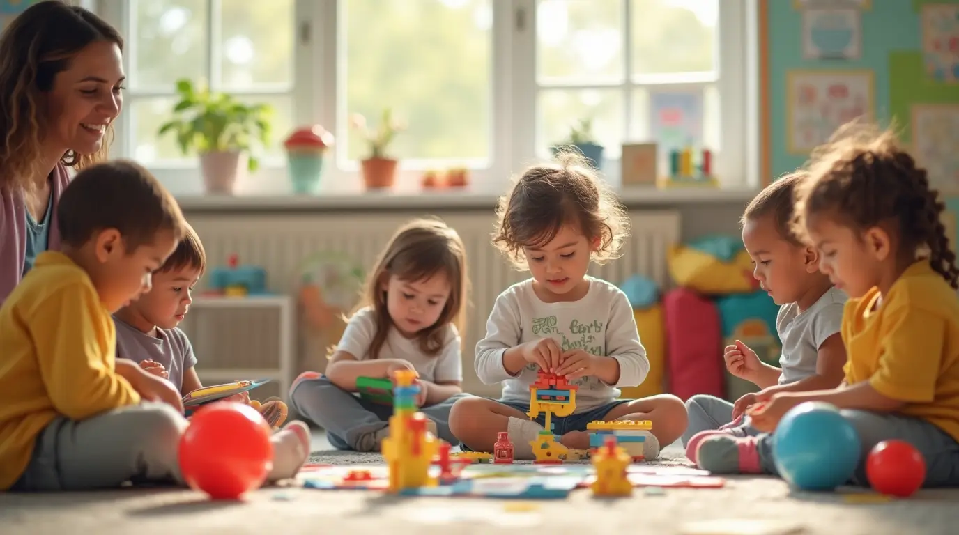 Preschool child building with colorful blocks, engaged in educational play in a cozy playroom.