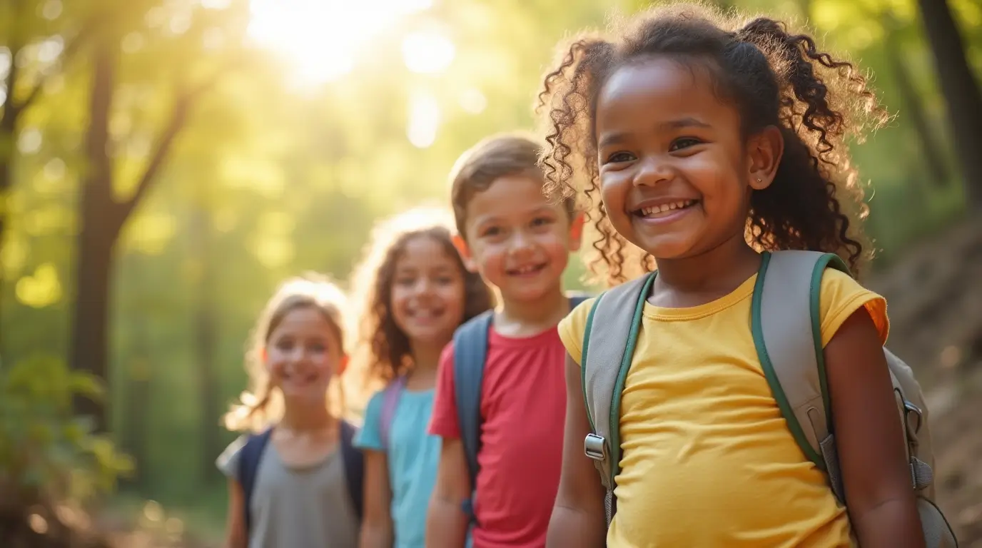 Group of diverse children playing together outdoors, symbolizing resilience, confidence, and emotional strength with the text '7 Strategies to Raise Resilient Children.