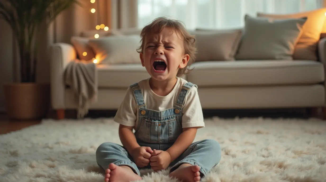 Young child having a tantrum in a cozy living room, expressing frustration.