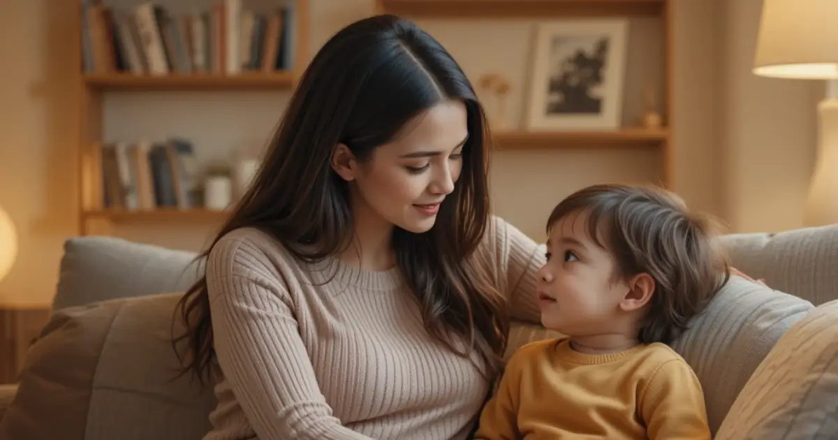Mother practicing conscious discipline with her child in a cozy living room, teaching emotional intelligence and healthy communication.